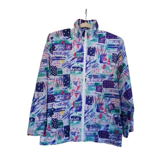 Vintage Koret Satin Colorful Windbreaker 90s Retro France Vacation Jacket, Small - Picture 1 of 13